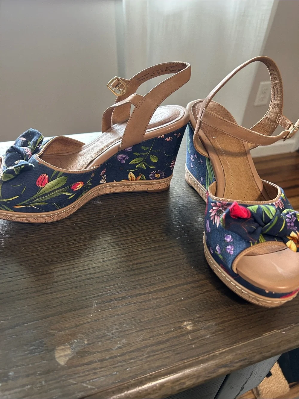 Clarks Navy Floral Bow Wedge Sandals with Tan Straps